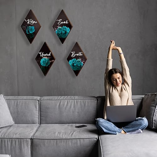 ONIZHITY Set of 4 Teal Rose Wall Decor Signs - Breathe, Soak, Unwind, Relax
