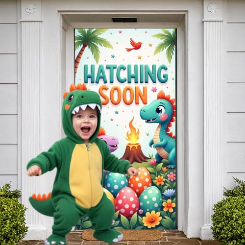 Cute Dinosaur Hatching Soon Door Cover - Baby Shower Decoration 35x71in