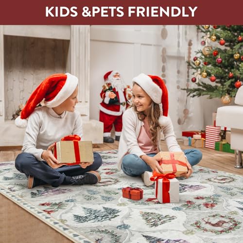 Lahome Christmas Runner Rug 2x8 White/Multi Washable Hallway Rug
