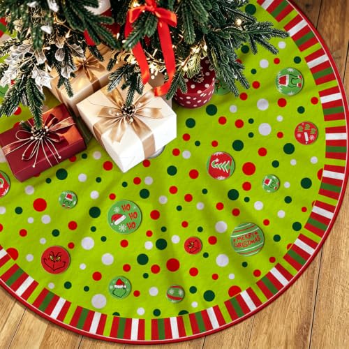 48-Inch Christmas Tree Skirt with Polka Dots and Festive Border - Green