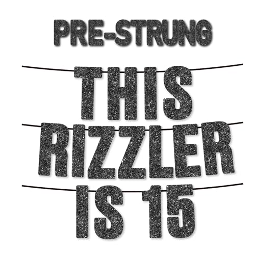 This Rizzler is 15 Black Glitter Banner, Funny Gen Z Slang Birthday Decor