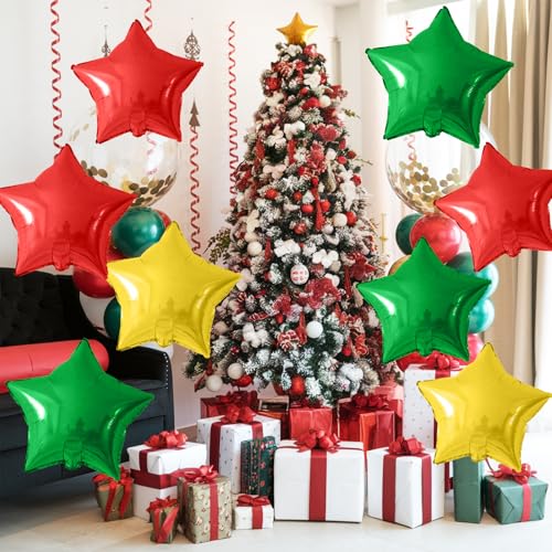 Red Green Gold Star Foil Balloons - 10PCS 18 Inch Metallic Party Balloons, Helium & Air, Xmas Birthday Decoration