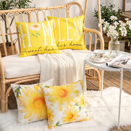 Sunflower Throw Pillow Covers 18x18, Spring Summer Cushion Cases (4 Pack)