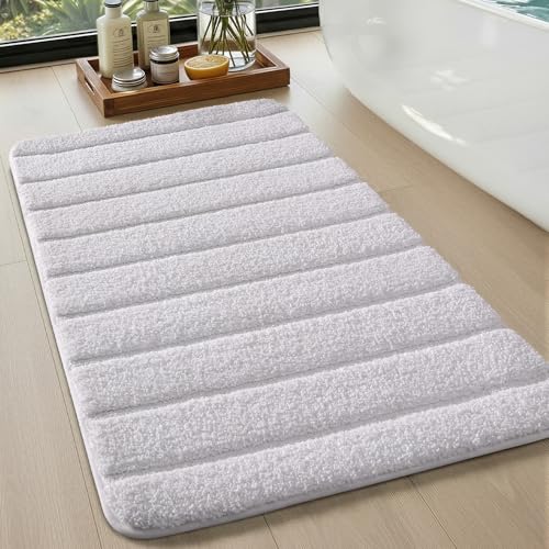 Color&Geometry White Bathroom Rug 17x30 inches, Non-Slip Microfiber Bath Mat