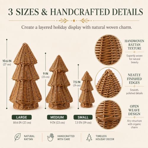 MiniInflat 3-Piece Woven Rattan Christmas Tree Decor Set Classic Weave Burlywood