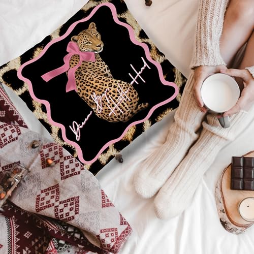 LUKIPOM Pink Bow Leopard Print Throw Pillow Cover 18x18