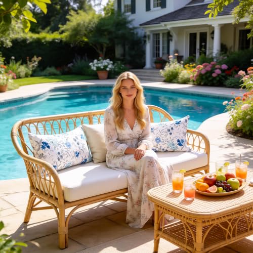 Outdoor Waterproof Lumbar Pillow Covers 12x20 Set of 2 Blue Floral Cushion Shams