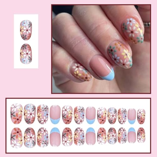 Short Almond French Tip Press On Nails with Daisy Flower Design