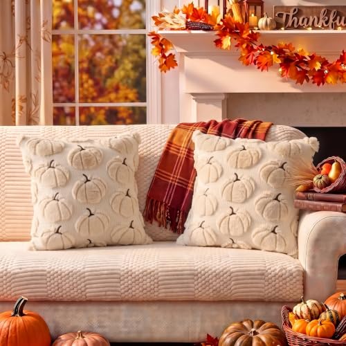 DANGEAB Fall Pumpkin Pillow Covers 18x18, Beige Set of 2 Autumn Decor