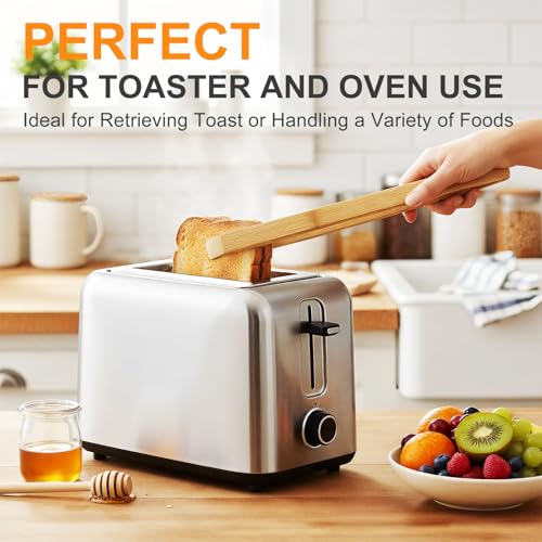 Premium Bamboo Toaster Tongs - 10 Inch Natural Wooden Serving & Cooking Utensils