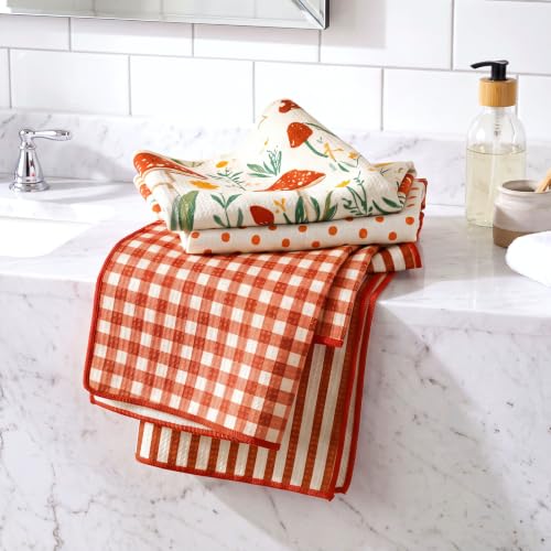 Mushroom Pattern Kitchen Towels Set - 4 Pcs Red Beige Waffle Dish Towels - VitalCozy