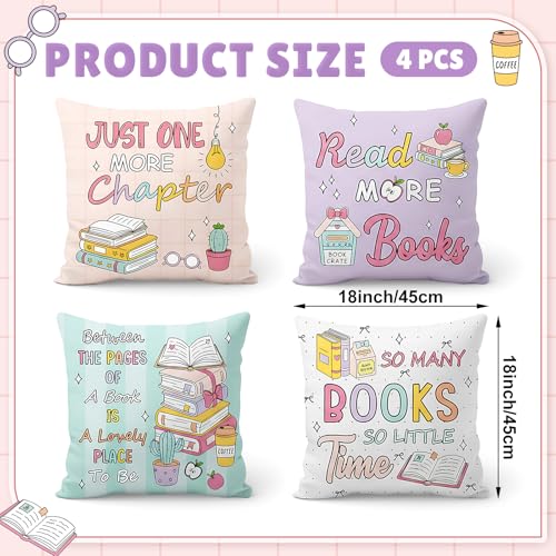 Tranqun Pastel Book Throw Pillow Covers Set of 4 Classroom Reading Decor, 18x18 Inches