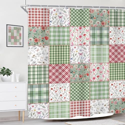 Riyidecor Patchwork Pink and Green Shower Curtain 72"x72" - Floral Design