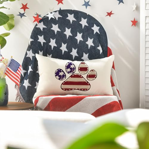 Patriotic Dog Paw Stars Throw Pillow Cover - 12x20 Inch