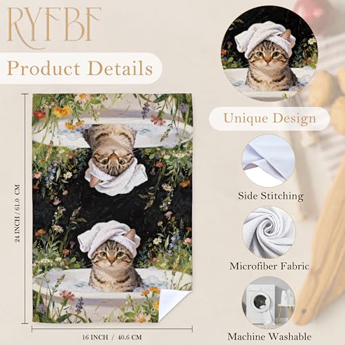 Funny Tabby Cat Hand Towel - Cat Bath Decorative Floral Kitchen Towel 16x24