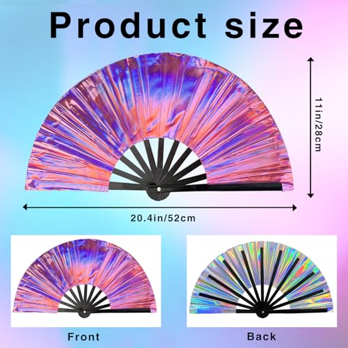 dmjuncong Folding Hand Rave Fan, Holographic Purple, 11 Inch Large PVC Fan