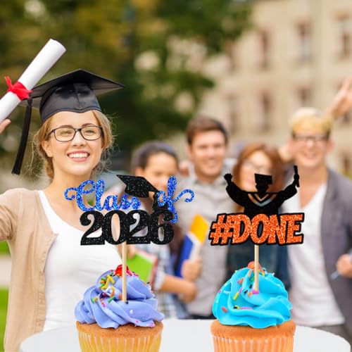 Class of 2026 Graduation Cupcake Toppers - 24Pcs Gold Glitter