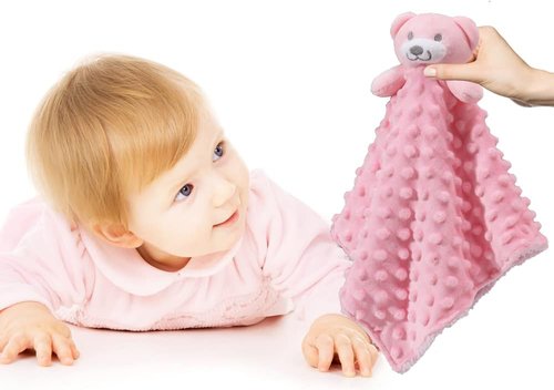 CREVENT Baby Security Blanket - Soft Minky Dot & Sherpa Backing, Adorable Pink Bear Design for Infants