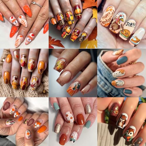 5D Embossed Thanksgiving Turkey Nail Stickers - 6 Sheets Fall Autumn Leaf Pumpkin Nail Decals Self-Adhesive Art Designs