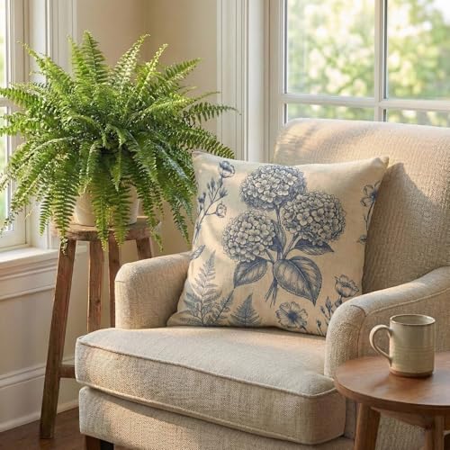 Vintage Blue Floral Throw Pillow Covers - Set of 2, 18x18 Inch