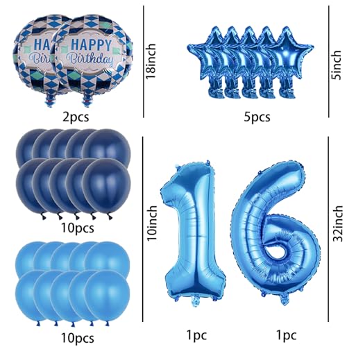 16th Birthday Decorations with 29 Pcs Blue Balloons Set