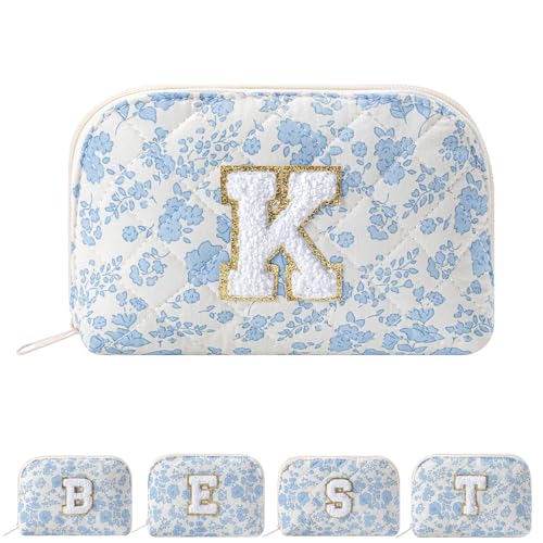 JOVAKIT Blue Floral Initial Makeup Bag - Letter K Travel Pouch