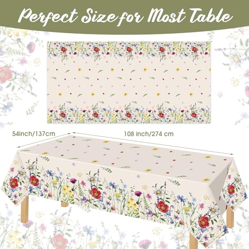 Ganeen 3 Pcs Spring Floral Disposable Plastic Tablecloth 54x108