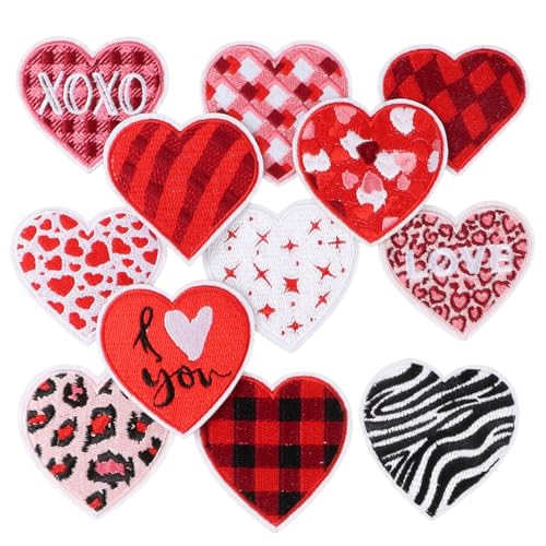 12 Assorted Embroidered Iron-On Heart Patches for DIY Clothing