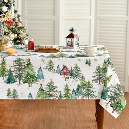 Christmas Tablecloth 60 x 84 Inch Rectangular Red House Deer Green Variation