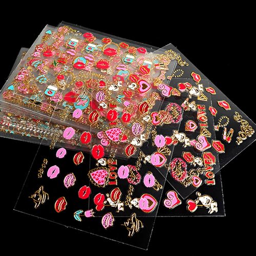 Valentine's Day Nail Art Stickers 3D Heart & Lip Decals - 30 Sheets