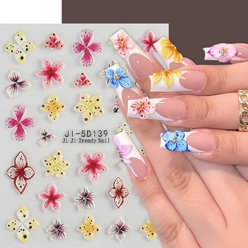 5D Embossed Floral Nail Stickers Lily & Hibiscus Decals, 4 Sheets