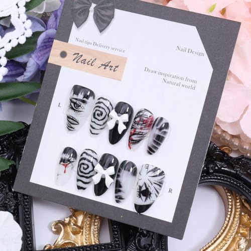 Gothic Press On Nails Medium Almond Y2K False Nails with Bow Design