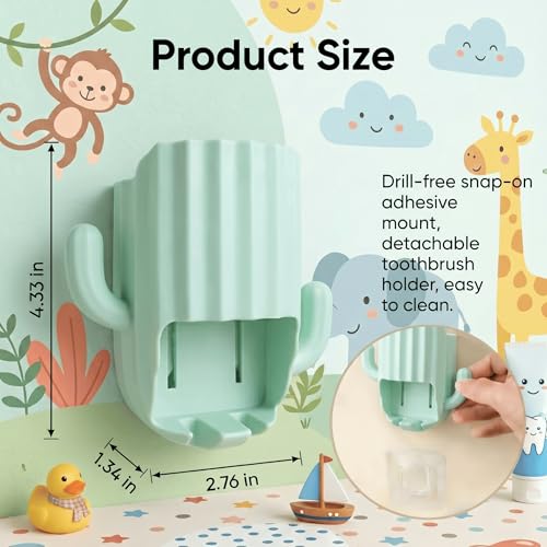 Cute Cactus Toothbrush Holder - Wall Mounted Kids Bathroom Organizer