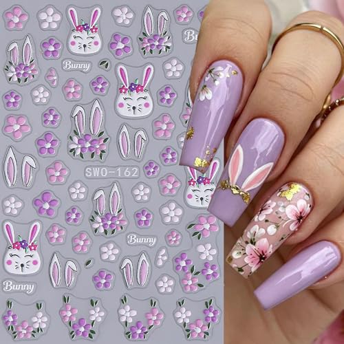 Easter Nail Art Stickers 4 Sheets - 5D Embossed Bunny & Flower Decals