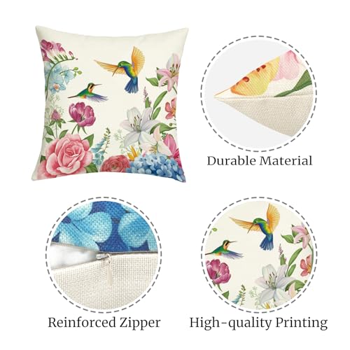 Floral Hummingbird Throw Pillow Covers 18x18 - Set of 4