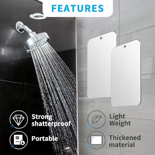 Quegau Silver 10.7x8 Inch Shatterproof Shower Mirror - 2 Pack, Wall Hanging & Portable