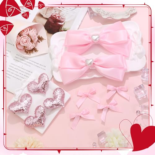 Pink Heart Hair Bows and Sequin Clips Set for Women and Teens