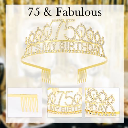 75th Birthday Decorations Set for Women: Gold Tiara and 75 & Fabulous Sash