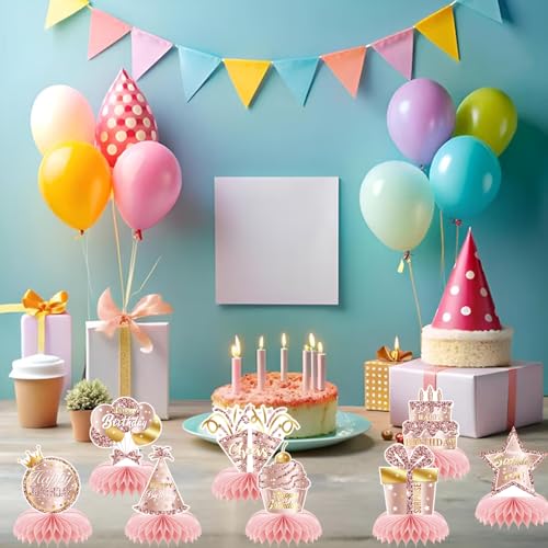 Rose Gold Birthday Honeycomb Centerpieces - 8 Pack Table Decor