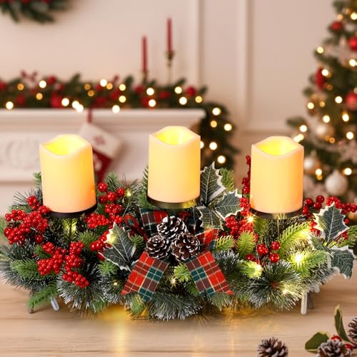 Baquler 3 LED Christmas Candle Centerpiece Battery Pine Red and Green