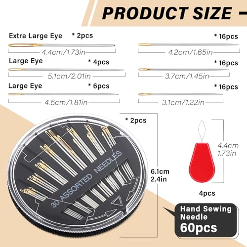 60 Pack Hand Sewing Needles Kit - Large Eye Embroidery Needles