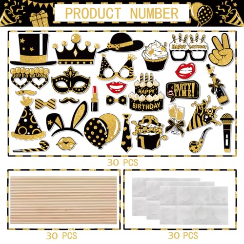 Gold 30Pcs Birthday Photo Booth Props Kit for Party Decorations
