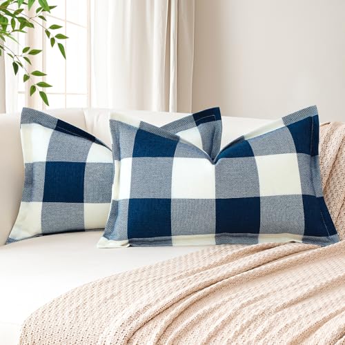 OTOSTAR Gingham Buffalo Check Linen Throw Pillow Covers 12x20, Blue (2 Pack)