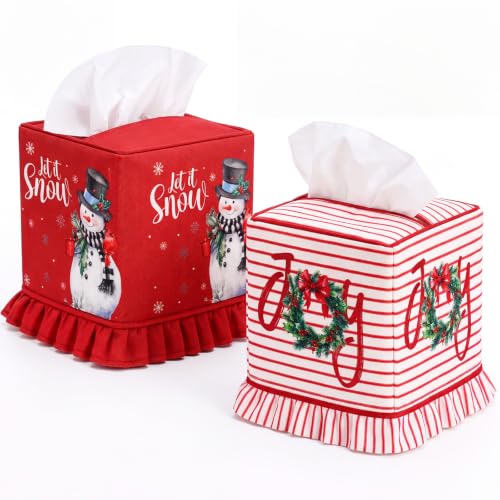 Snowman Tissue Box Cover - 2 Piece Christmas Linen Decor with Ruffled Edges