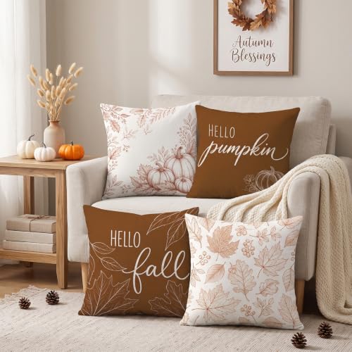 VISSTREE Fall Pillow Covers Set of 4 - Hello Pumpkin Autumn Decor 18x18 Inches