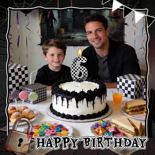 Checkered Number 6 Birthday Candle - White Cake Decoration