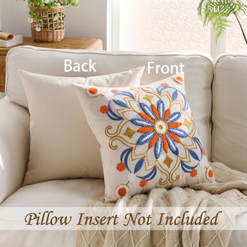 Embroidered Floral Throw Pillow Cover 22x22 - Orange & Blue