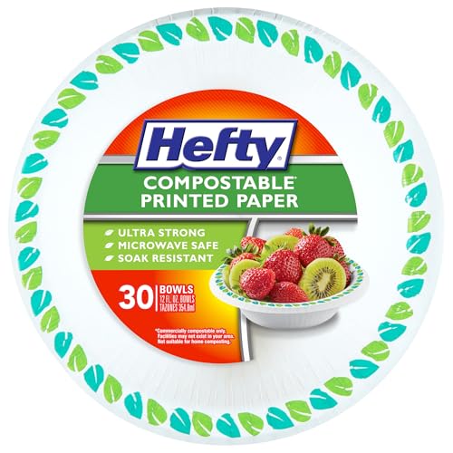 Hefty Compostable Paper Bowls 12oz - 30 Count, Patterned, Microwave Safe, Soak-Resistant, Plant-Based Material