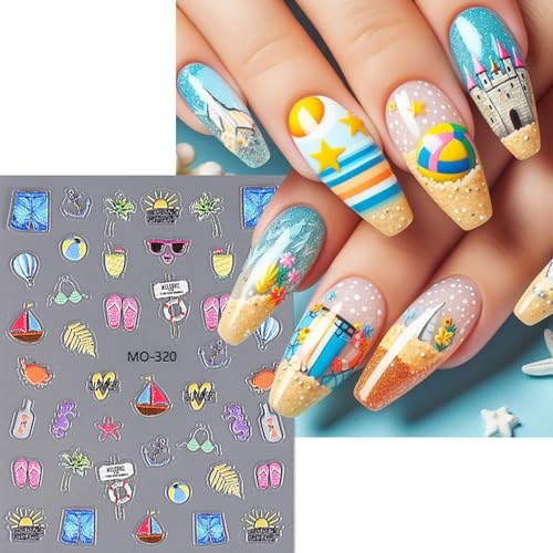 Summer Beach 3D Self-Adhesive Nail Stickers - Ocean Art Decals 3 Sheets