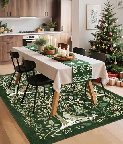 Green 5x7 Christmas Forest Rug with No-Slip Backing - Holiday Floor Mat for Dining & Living Rooms